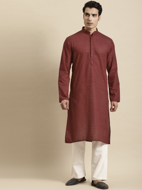 

RAJUBHAI HARGOVINDAS Men Maroon Regular Chikankari Pure Cotton Kurta with Pyjamas