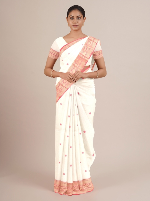 

Pothys White & Red Woven Design Zari Pure Cotton Saree