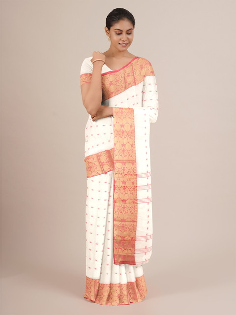 

Pothys White & Red Woven Design Zari Pure Cotton Saree