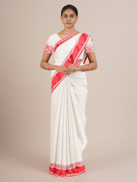 

Pothys White & Red Woven Design Pure Cotton Saree