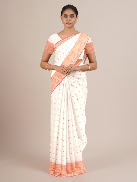 

Pothys White & Pink Woven Design Pure Cotton Saree