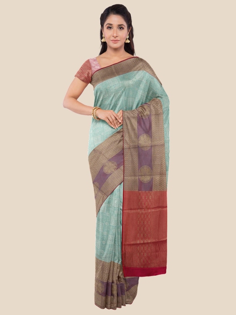 

Kalamandir Blue & Red Floral Zari Silk Blend Banarasi Saree