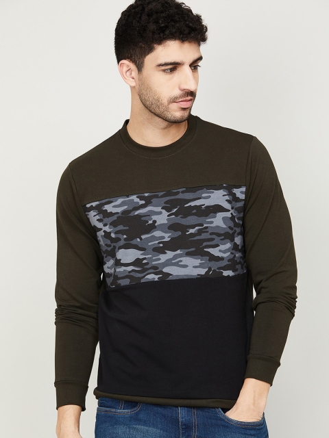 

Forca Men Olive Green & Black Camouflage Printed Pullover Sweatshirt