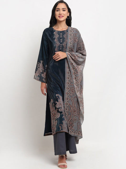 

Stylee LIFESTYLE Navy Blue Printed Velvet Unstitched Dress Material