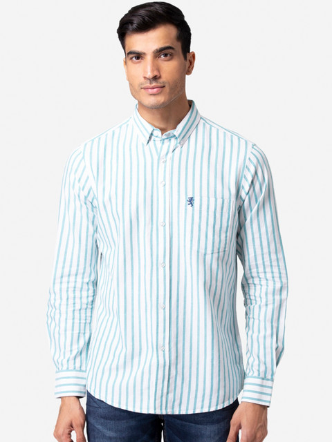 

Red Tape Men White & Green Opaque Striped Cotton Casual Shirt
