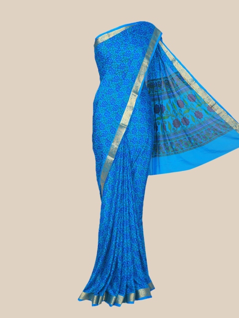 

The Chennai Silks Blue & Gold-Toned Floral Printed Mysore Silk Saree