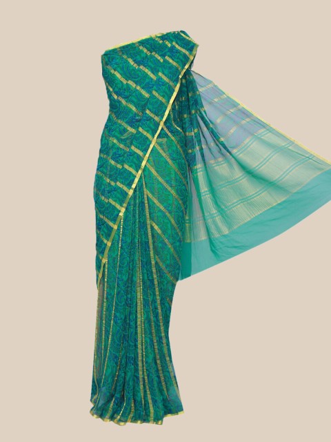 

The Chennai Silks Green & Gold-Toned Floral Printed Saree