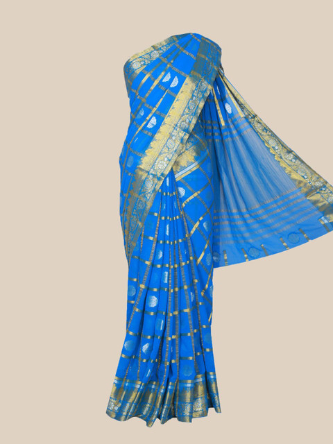 

The Chennai Silks Blue & Gold-Toned Checked Saree