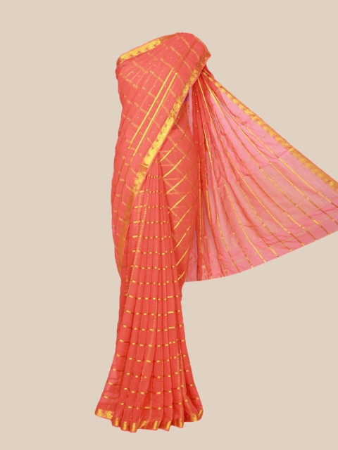 

The Chennai Silks Orange & Gold-Toned Checked Fusion Saree