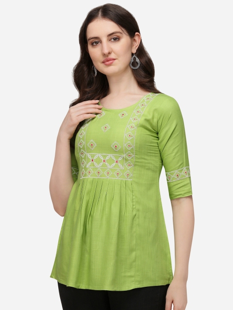 

RAJGRANTH Green & White Floral Embroidered Thread Work Thread Work Kurti
