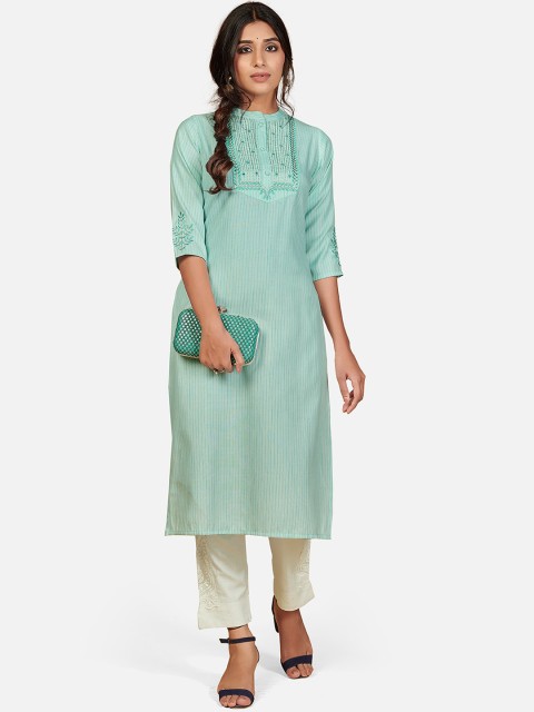 

Vbuyz Women Turquoise Blue Striped Cotton Kurta