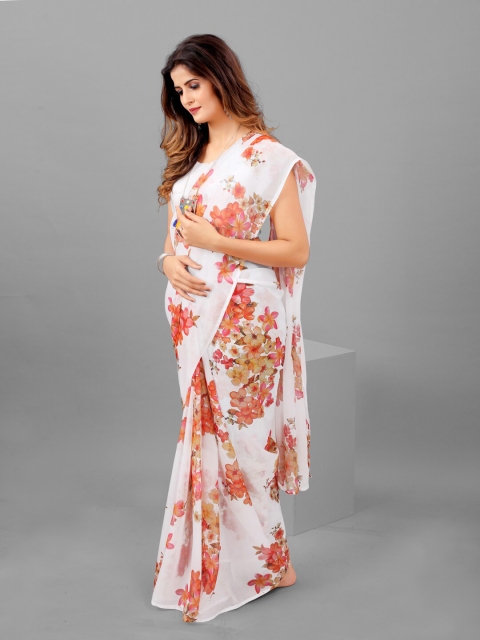 

SHOPGARB White & Pink Floral Printed Organza Saree