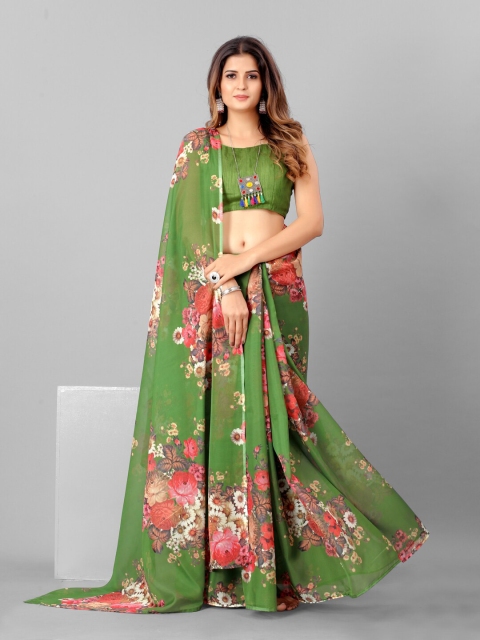 

SHOPGARB Green & Multicoloured Floral Printed Organza Saree