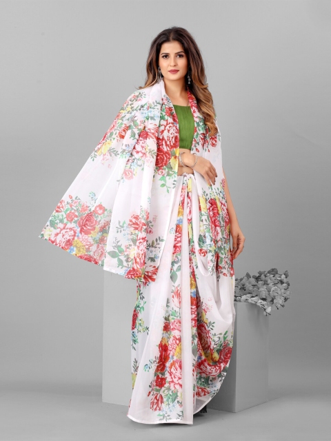 

SHOPGARB White & Multicoloured Floral Printed Organza Saree