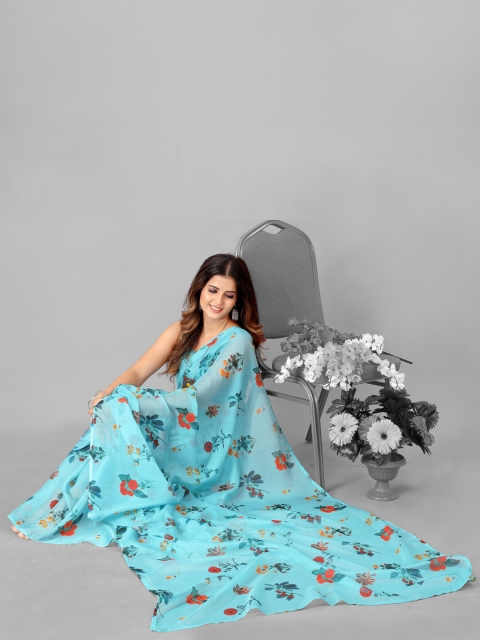

SHOPGARB Blue & Multicoloured Floral Printed Organza Saree