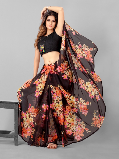 

SHOPGARB Black & Red Floral Printed Organza Saree