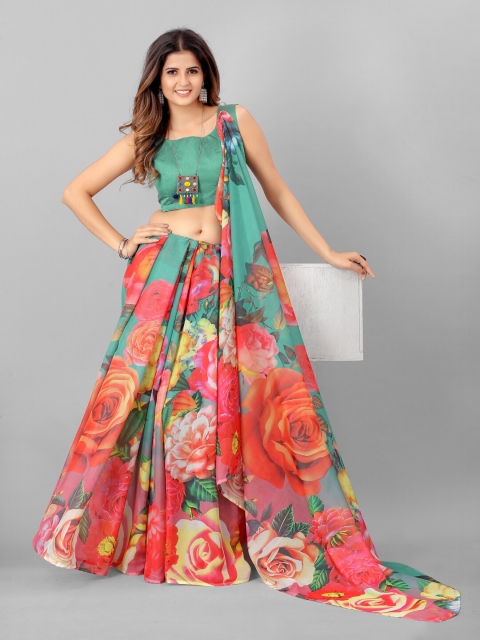 

SHOPGARB Green & Multicoloured Floral Printed Organza Saree