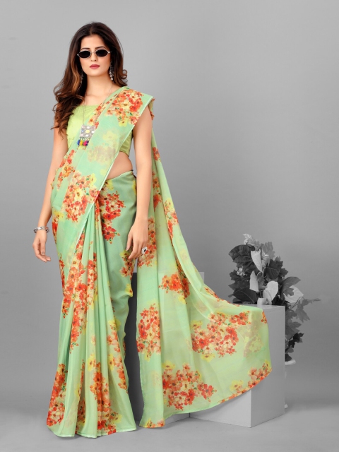 

SHOPGARB Green & Orange Floral Printed Organza Saree