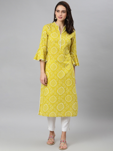 

Khushal K Women Mustard Yellow & White Ethnic Motifs Printed Straight Kurta