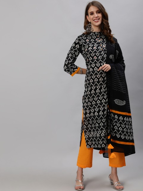 

Anubhutee Women Black Printed Regular Pure Cotton Kurta with Trousers & With Dupatta