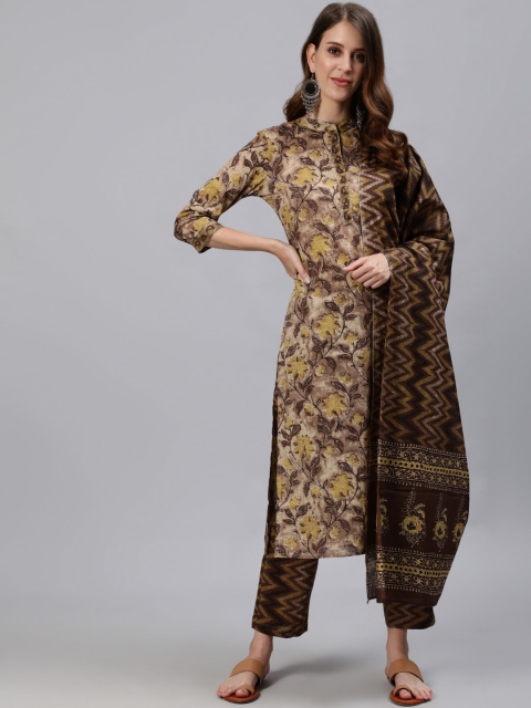 

Anubhutee Women Brown Floral Printed Regular Pure Cotton Kurta with Trousers & With Dupatta