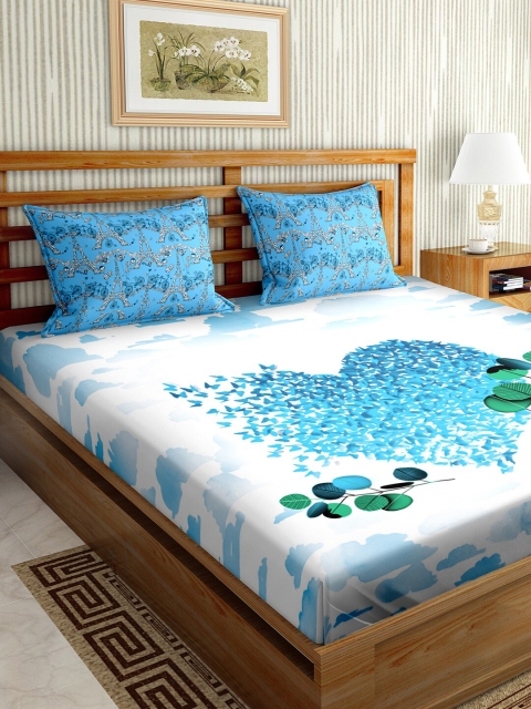 

BELLA CASA Blue & White Graphic 150 TC Cotton King Bedsheet with 2 Pillow Covers