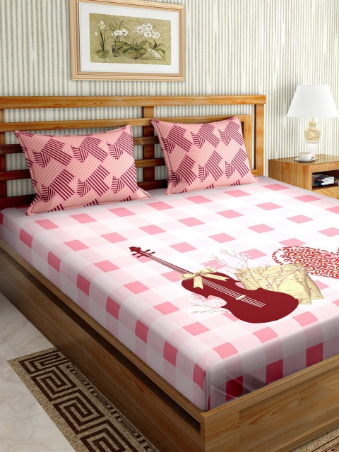 

BELLA CASA Pink & White Geometric 150 TC Cotton King Bedsheet with 2 Pillow Covers