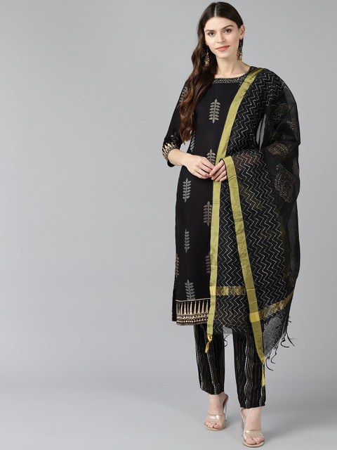 

Bani Women Black Ethnic Motifs Printed Layered Kurta with Trousers & With Dupatta