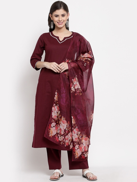 

Myshka Women Burgundy Solid Regular Pure Cotton Kurti with Palazzos & Dupatta