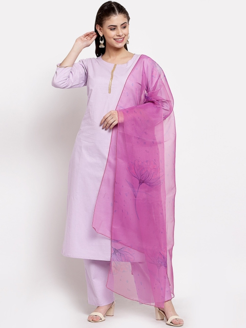 

Myshka Women Purple Solid Regular Pure Cotton Kurti with Trousers & With Dupatta