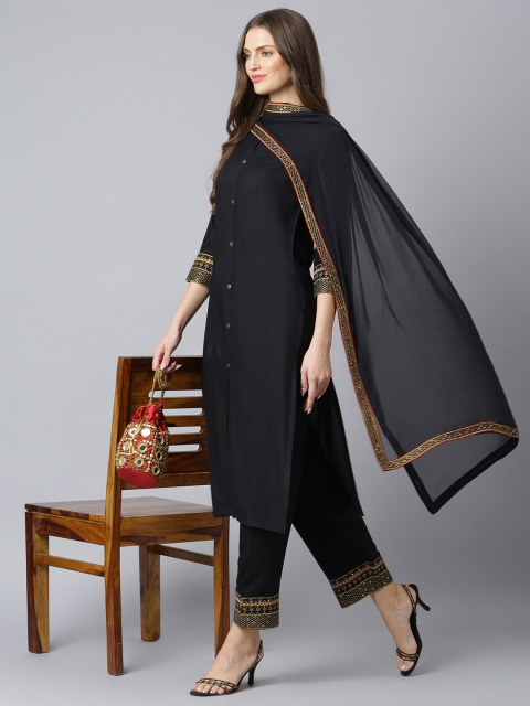 

Khushal K Women Black Ethnic Motifs Embroidered High Slit Kurti with Trousers & With Dupatta