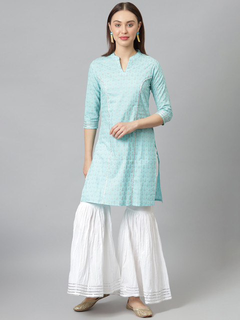 

Khushal K Women Sea Green Printed Regular Gotta Patti Pure Cotton Kurti with Sharara
