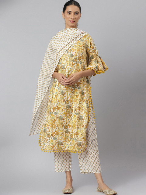 

Khushal K Women Yellow Floral Printed Regular Pure Cotton Kurta with Palazzos & With Dupatta