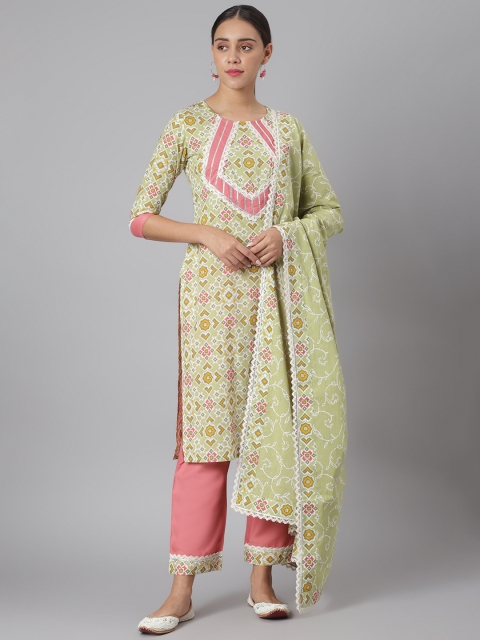 

Khushal K Women Green m& Pink Printed Gotta Patti Cotton Kurta with Trousers & Dupatta