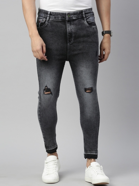 

CINOCCI Men Black Tapered Fit Slash Knee Heavy Fade Stretchable Jeans