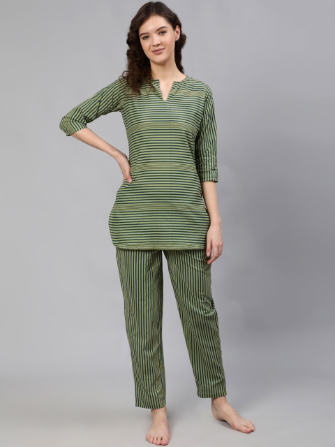

Nayo Women Green Striped Pure Cotton Night suit