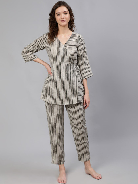 

Nayo Women Grey & Black Striped Wrap Round Night suit