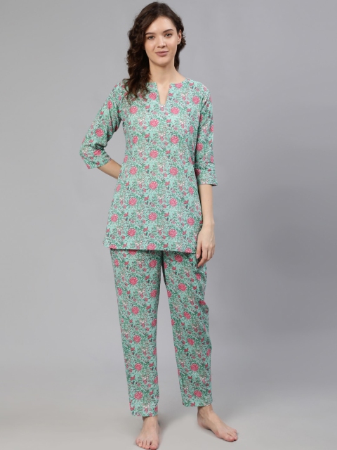 

Nayo Women Green & Pink Printed Pure Cotton Night suit