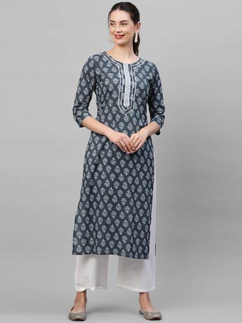 

Indo Era Women Navy Blue Ethnic Motifs Printed Regular Pure Cotton Kurta with Palazzos