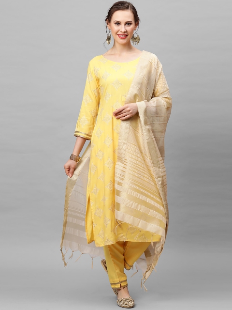 

Indo Era Women Yellow Printed Regular Kurta with Trousers & Dupatta