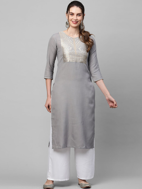 

Indo Era Women Grey Yoke Design Thread Work Kurta