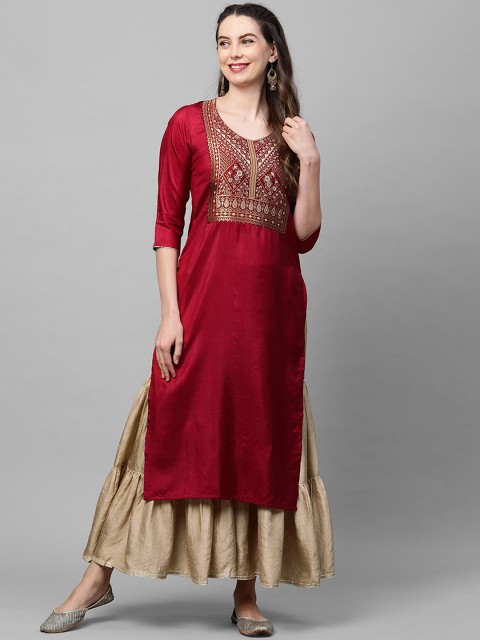 

Indo Era Women Maroon Ethnic Motifs Yoke Design Kurta