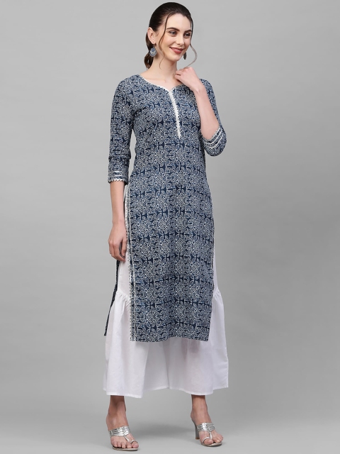 

Indo Era Women Navy Blue Ethnic Motifs Printed Gotta Patti Kurta