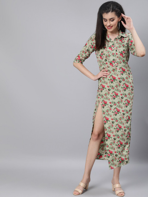 

AASI - HOUSE OF NAYO Green & Pink Floral Crepe Maxi Dress