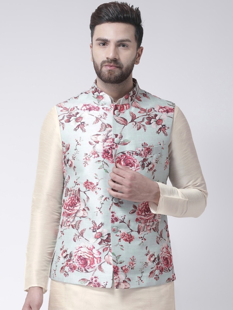 

I Know Men Blue & Pink Floral Printed Woven Nehru Jacket