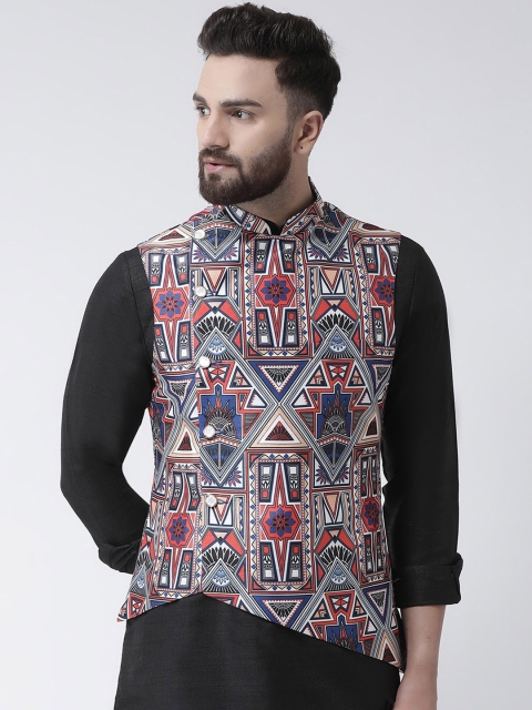 

I Know Men White & Red Printed Woven Nehru Jacket