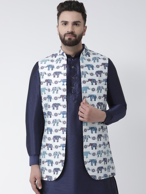 

I Know Men White & Blue Printed Woven Nehru Jacket