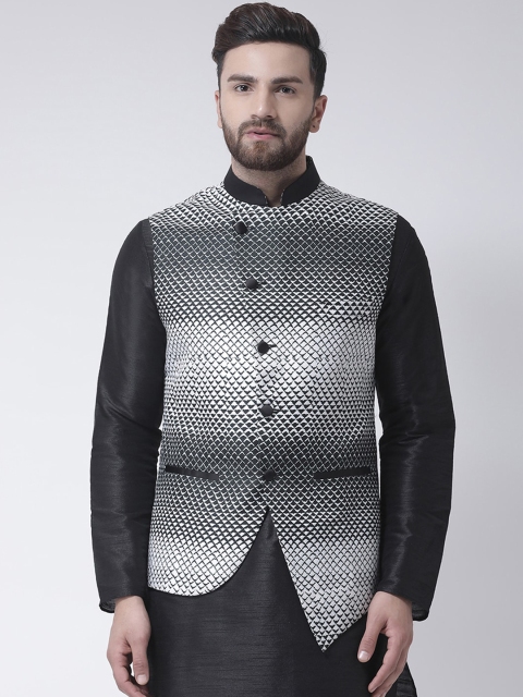 

I Know Men Black & White Printed Slim-Fit Nehru jacket