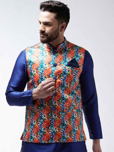 

I Know Men Orange Printed Satin Nehru Jacket