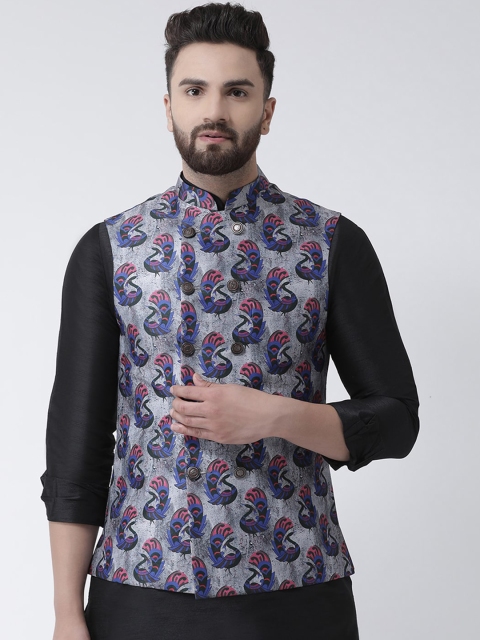 

I Know Men Grey & Blue Printed Woven Nehru Jacket